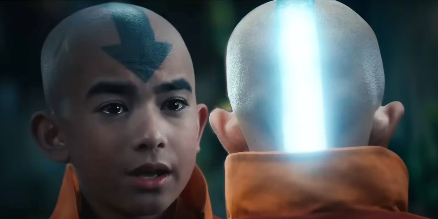 Gordon Cormier as Aang looking worried and the back of Aang's head with his arrow glowing in Avatar The Last Airbender.