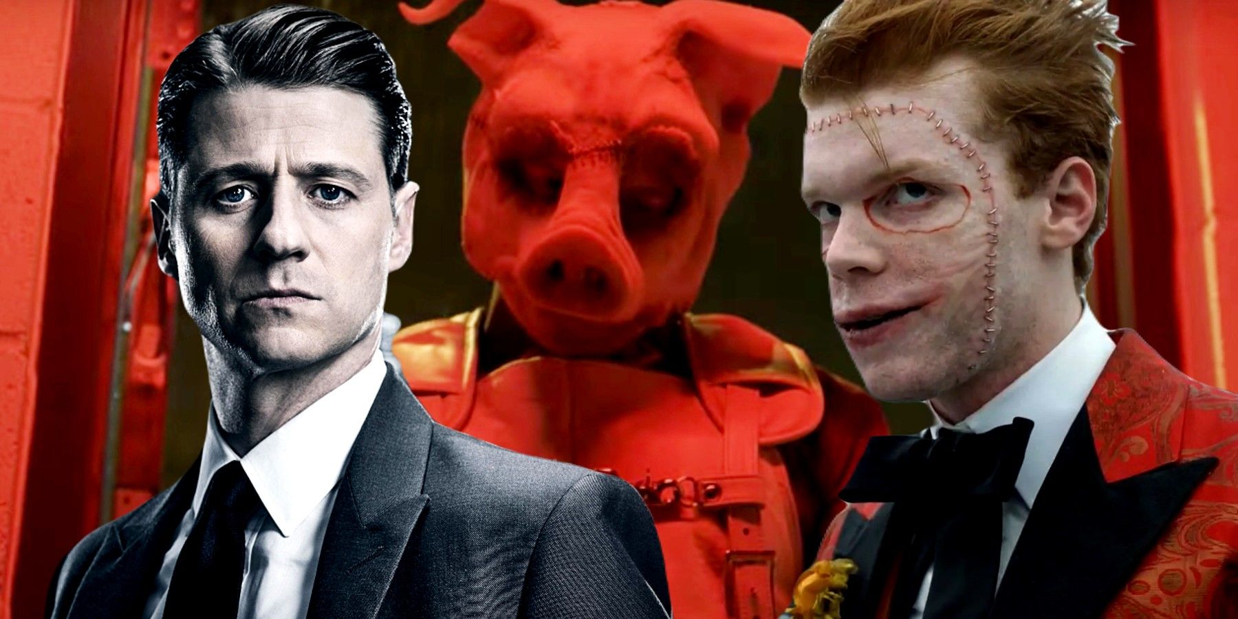 gotham weird stories, blended image with Gotham's Pyg, Jim Gordon and Jerome