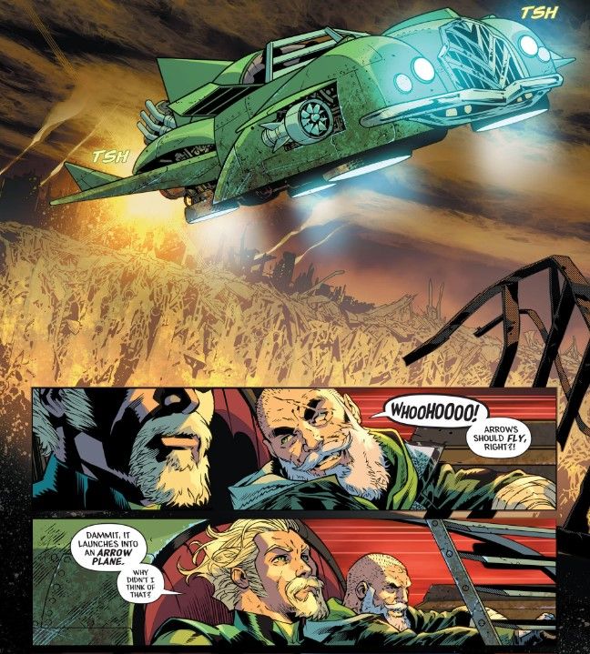 Green Arrow #5 Oliver riding in the Arrow Plane with himself 