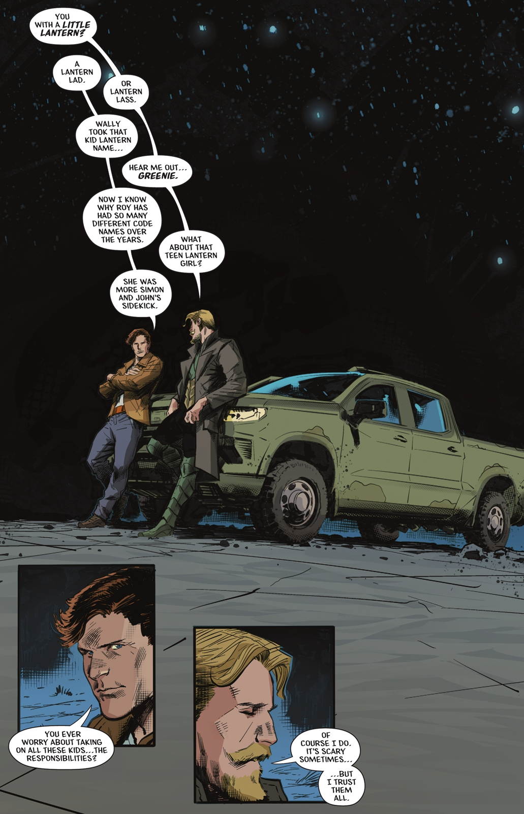 Green Arrow #7 Green Lantern and Green Arrow talk about Hal having kids.