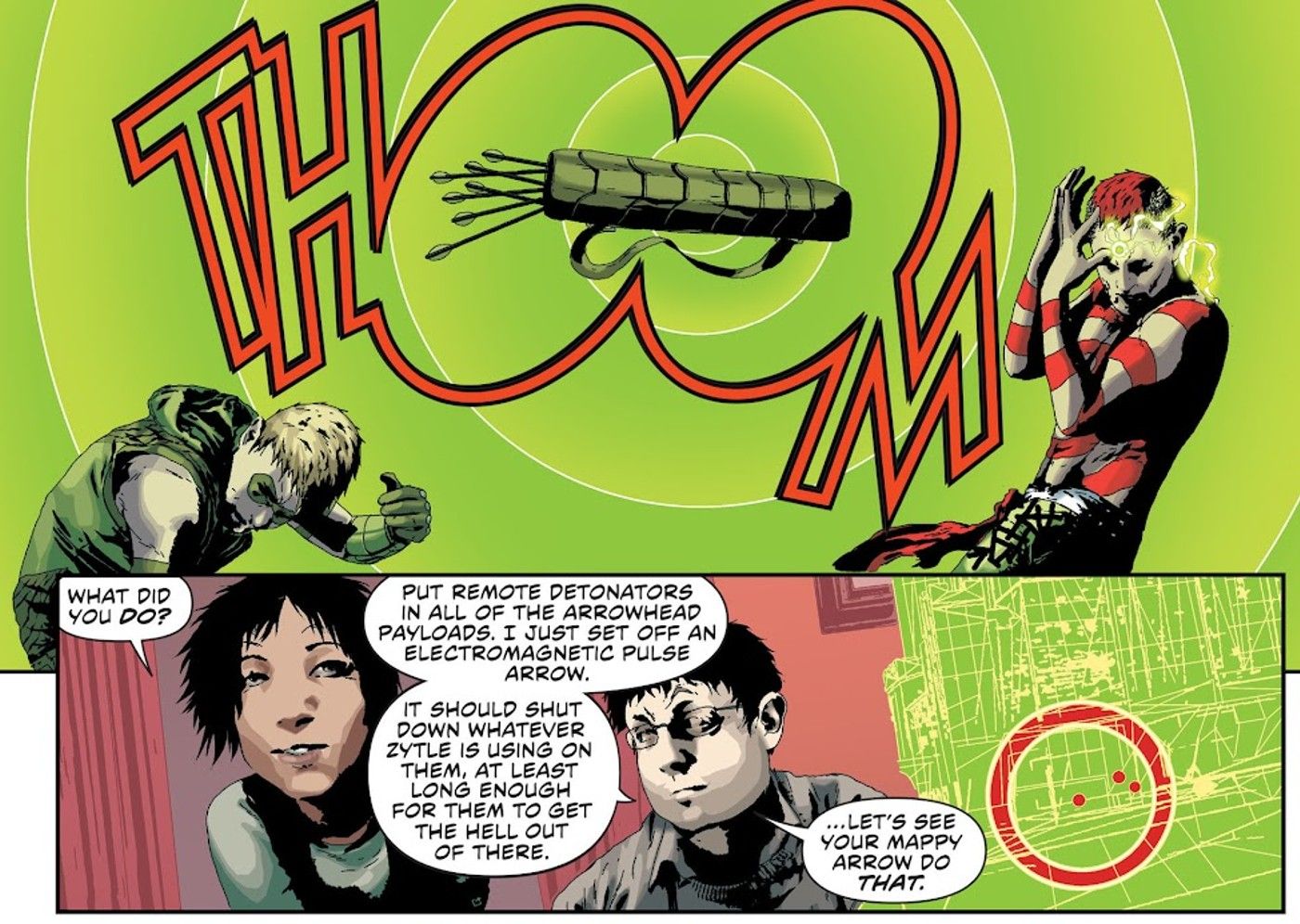 Comic book panels: Green Arrow throws a quiver and an EMP arrow goes off, causing a loud noise.