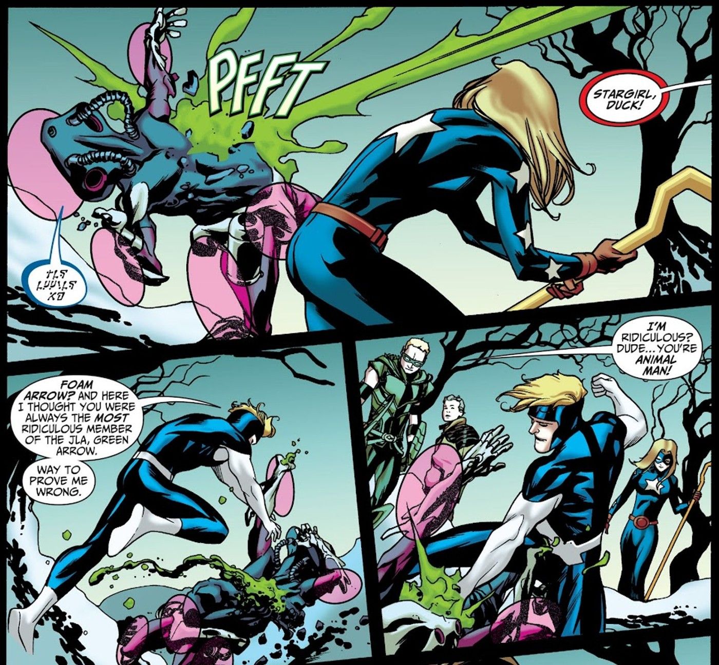 Comic book panels: Green Arrow uses a foam answer on a monster in the snow.