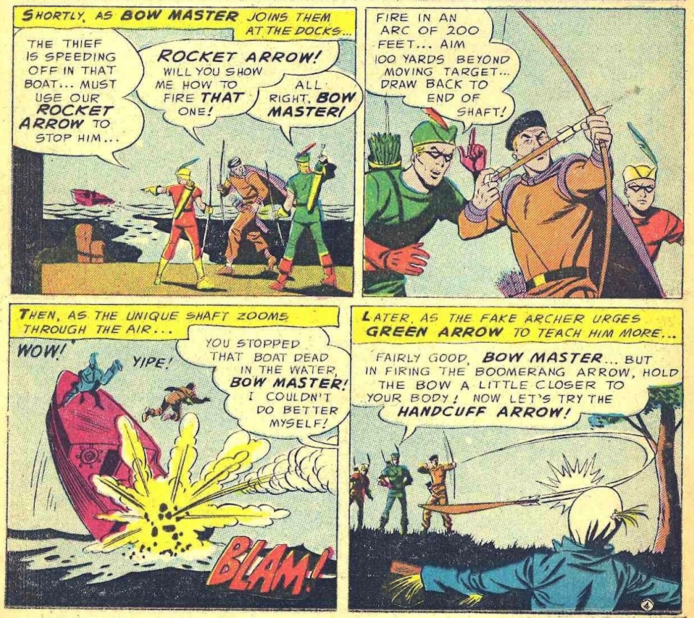 Comic book panels: Green Arrow teaches someone how to use his trick arrows.