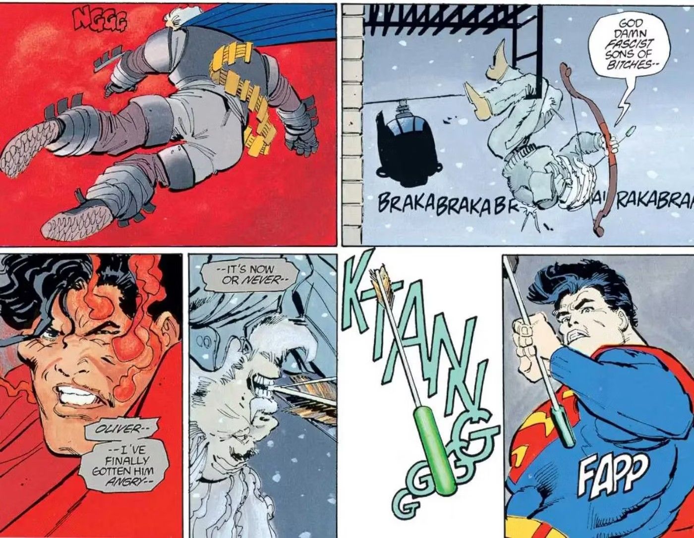 Comic book panels: An older Green Arrow uses a Kryptonite Arrow against Superman.