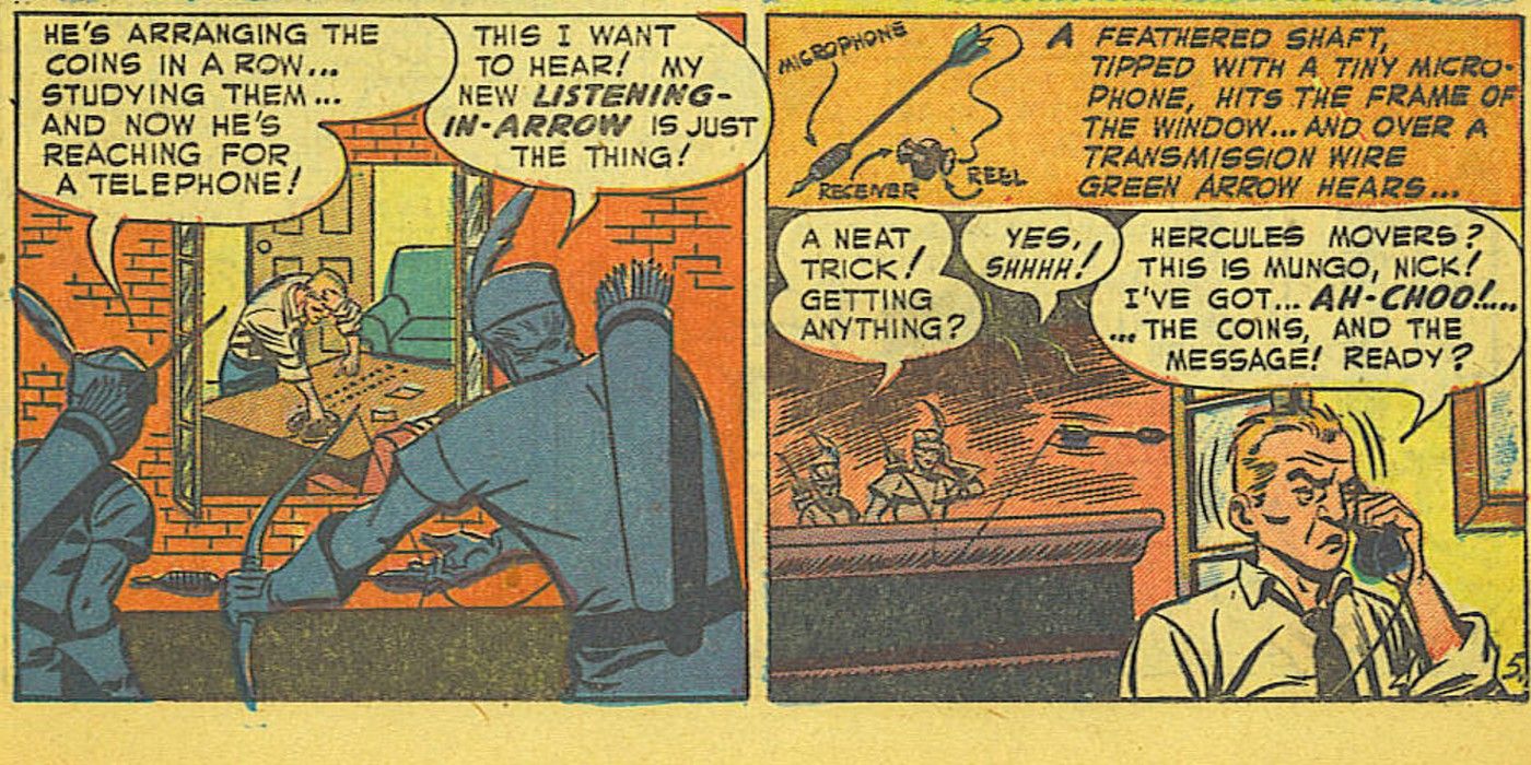 Comic book panels: Green Arrow debuts his microphone arrow.