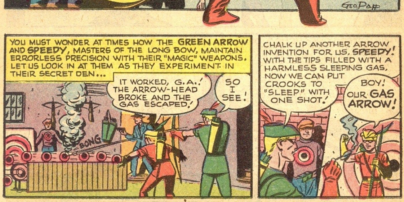 Comic book panels: Green Arrow and his sidekick test a sleeping gas arrow.