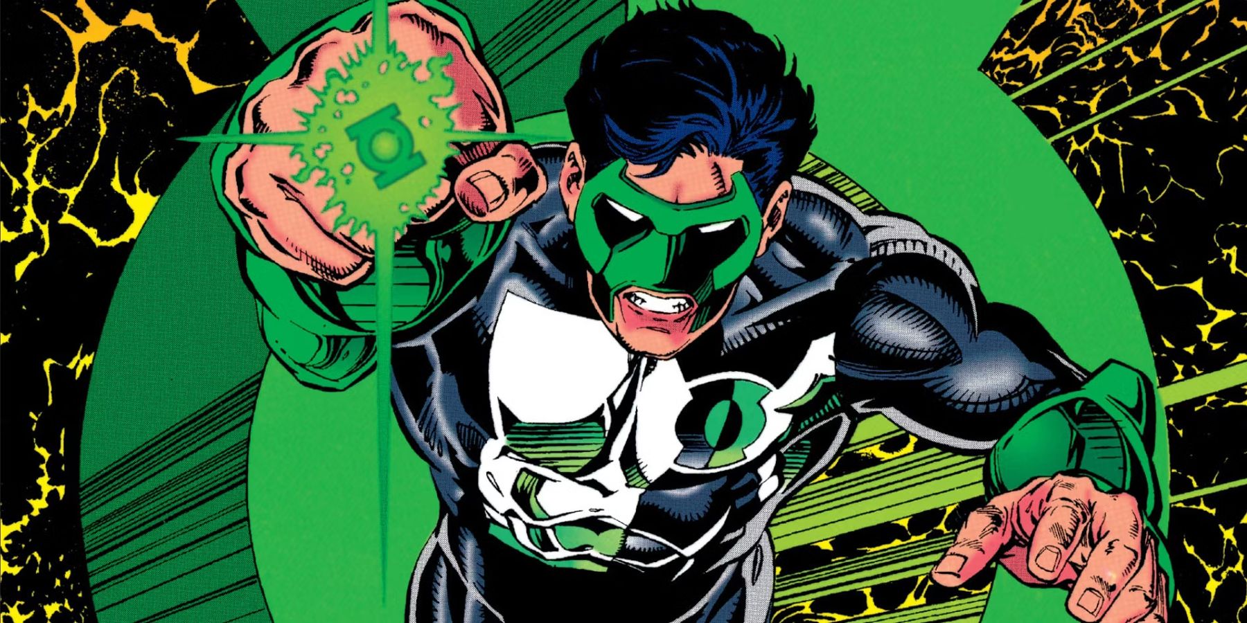 Ilustração da DC Comics de Kyle Rayner como o Lanterna Verde, entrando em ação