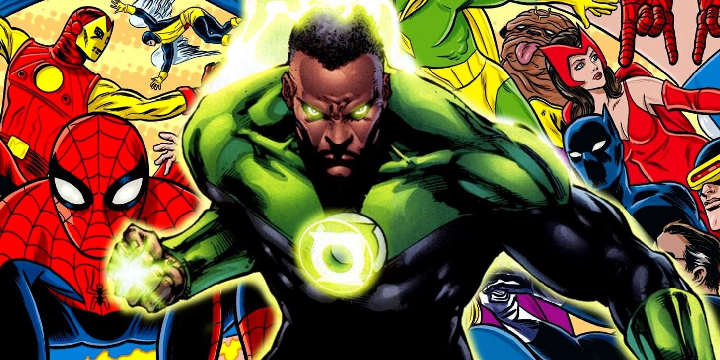 DC's Green Lantern (center) surrounded by classic depictions of Marvel Comics heroes