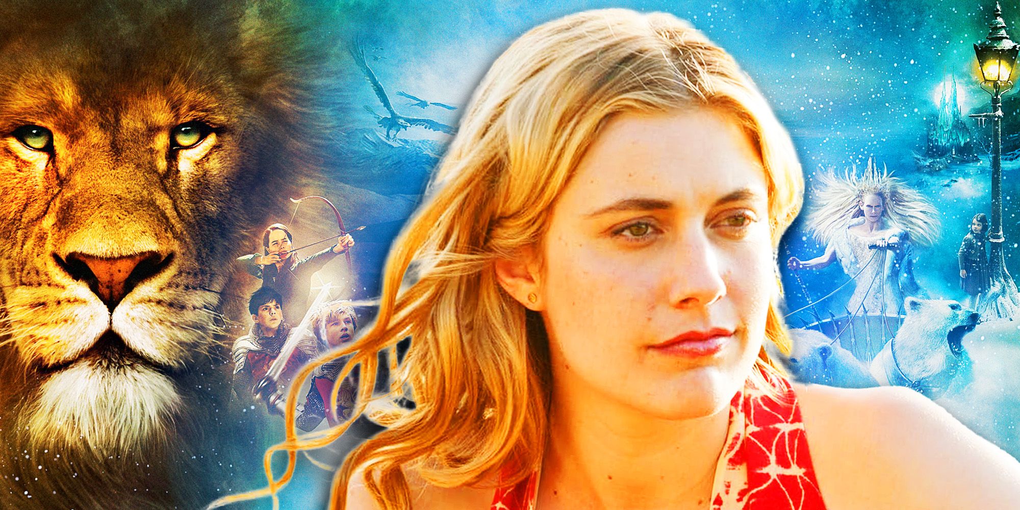 Greta Gerwig from Lola Versus with a Chronicles of Narnia poster