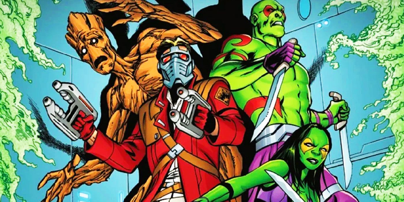 Groot, Star-Lord, Gamora and Drax on the Guardians of the Galaxy team in Marvel Comics
