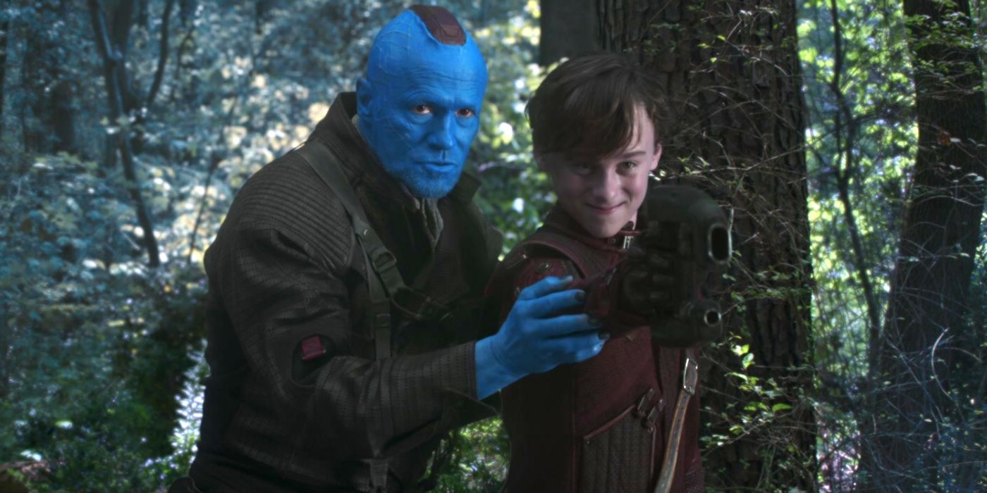 Michael Rooker as Yondu Odonta in Guardians of the Galaxy Vol. 2 teaching young Peter Quill to shoot