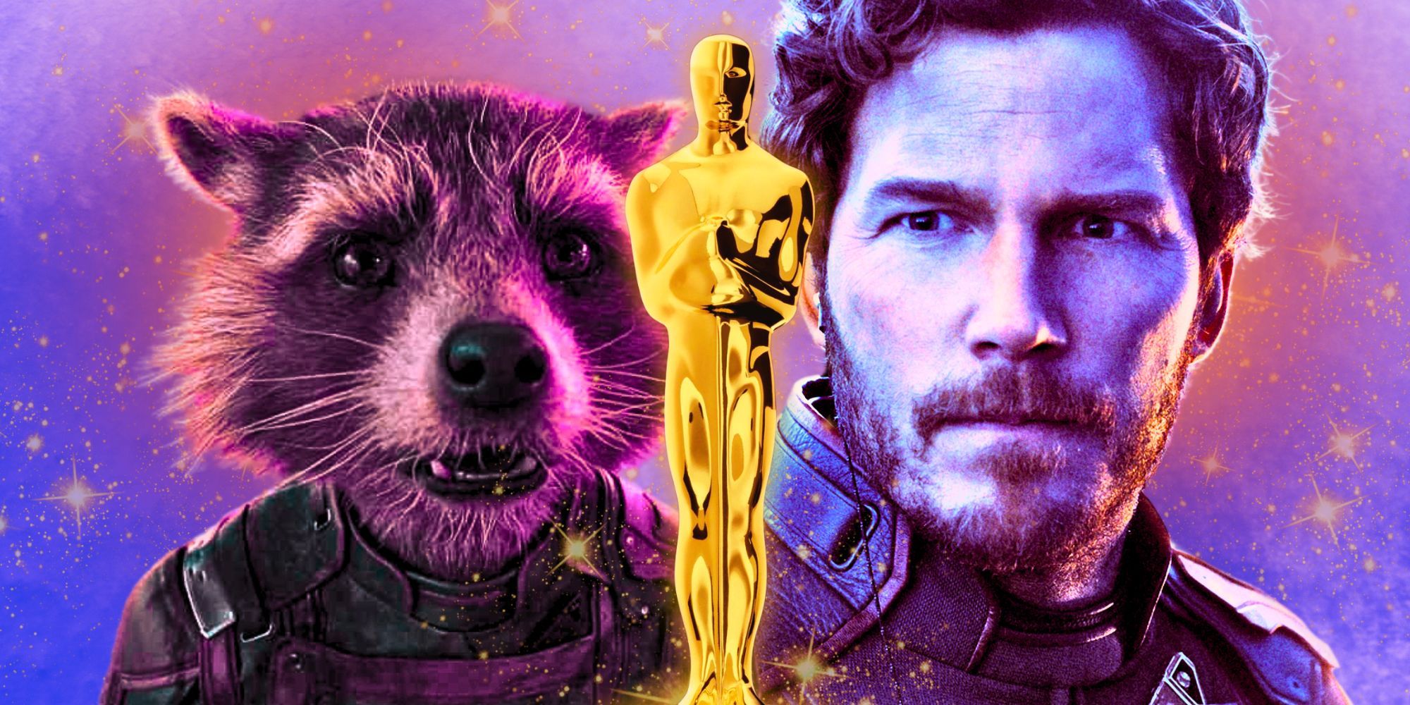 Rocket Racoon and Star Lord in Guardians of the Galaxy 3 separated by an Oscar statue