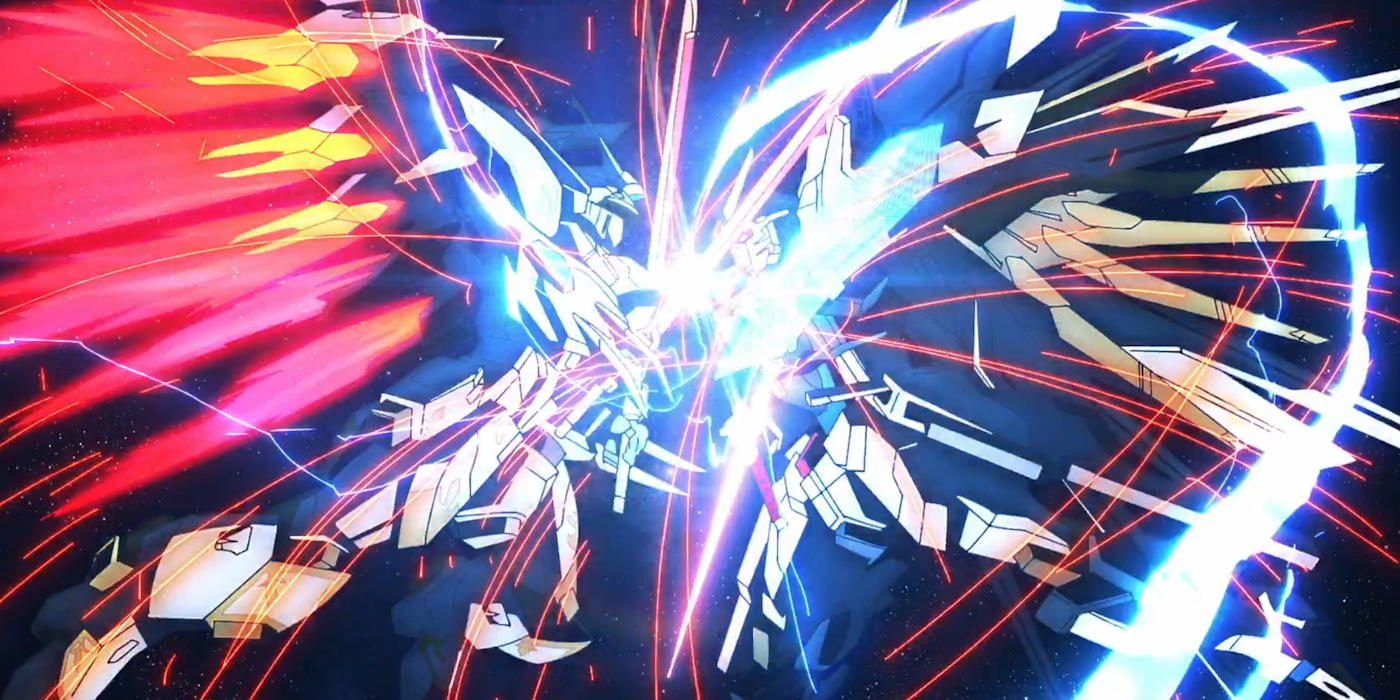 O Mobile Suit Freedom em ação em uma captura de tela do filme Gundam Seed Freedom.
