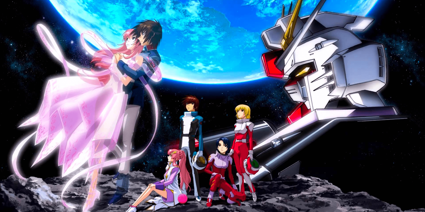 Gundam Seed characters posing with Earth in the background.