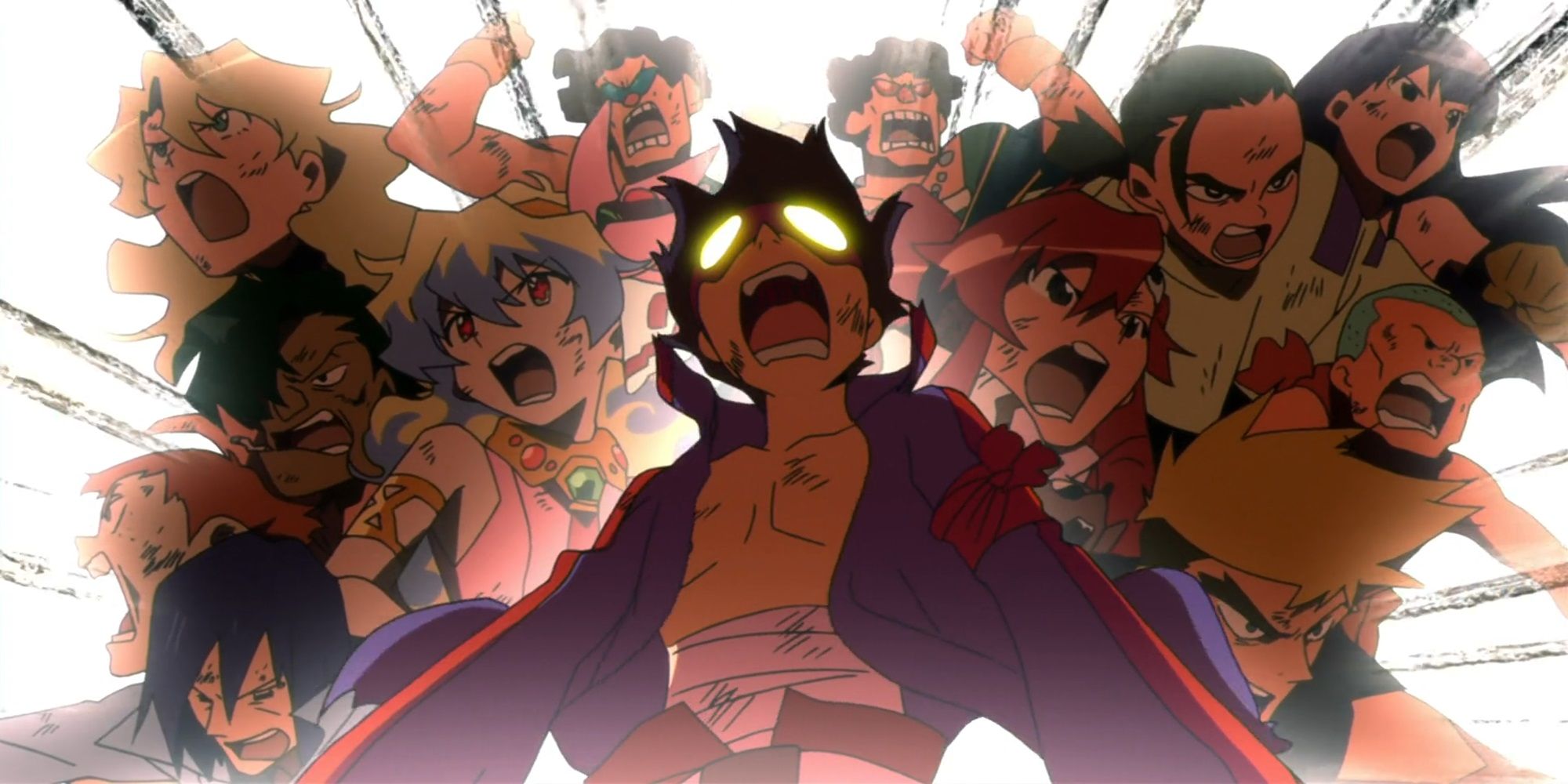 Gurren Lagann Movie 1 Team Dai Gurren yelling while standing together against a white background.