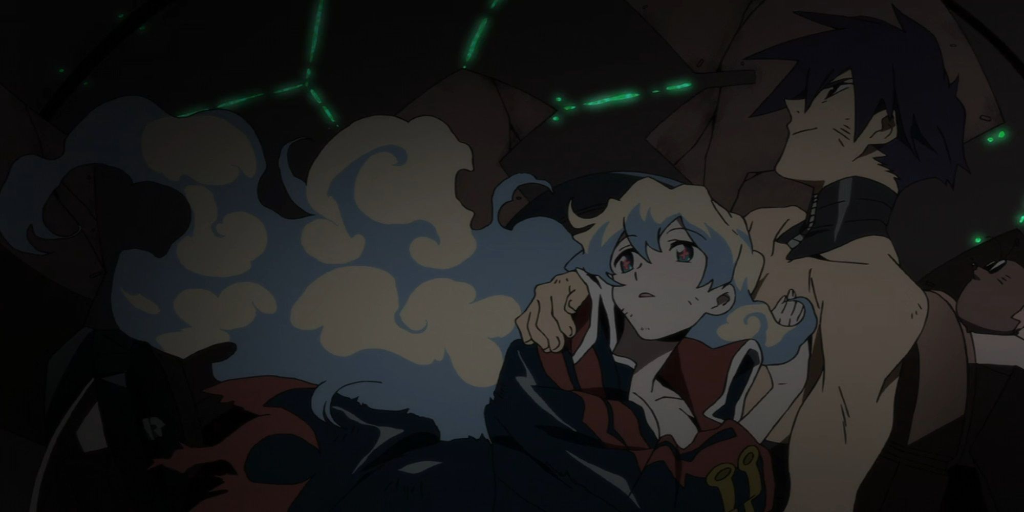 Gurren Lagann Movie 2 screen cap of Simon and Nia holding one another.