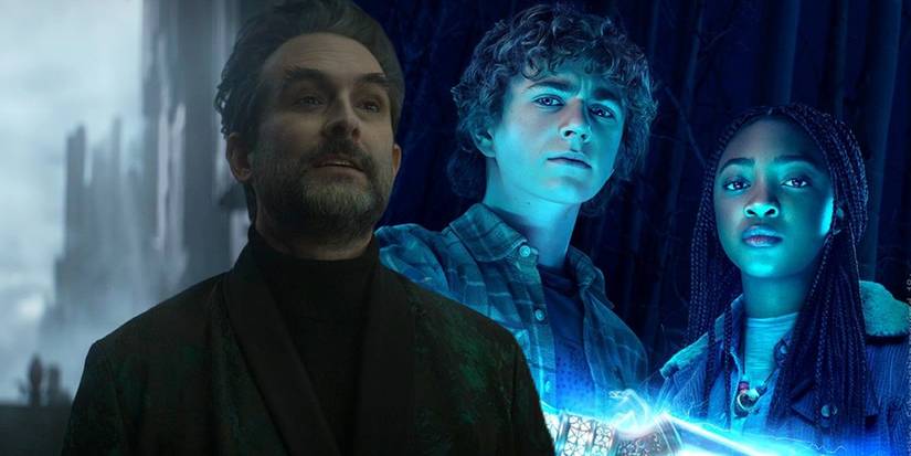 Hades in his palace next to the poster for Percy Jackson and the Olympians