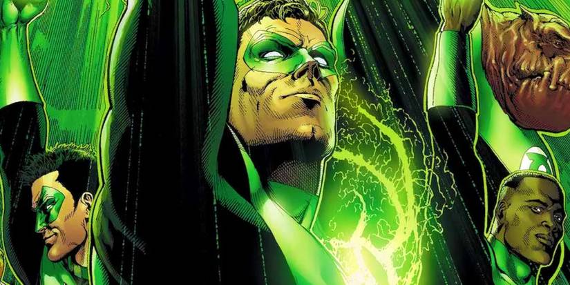 Hal Jordan and the Green Lantern Corps with their arms raised in DC Comics