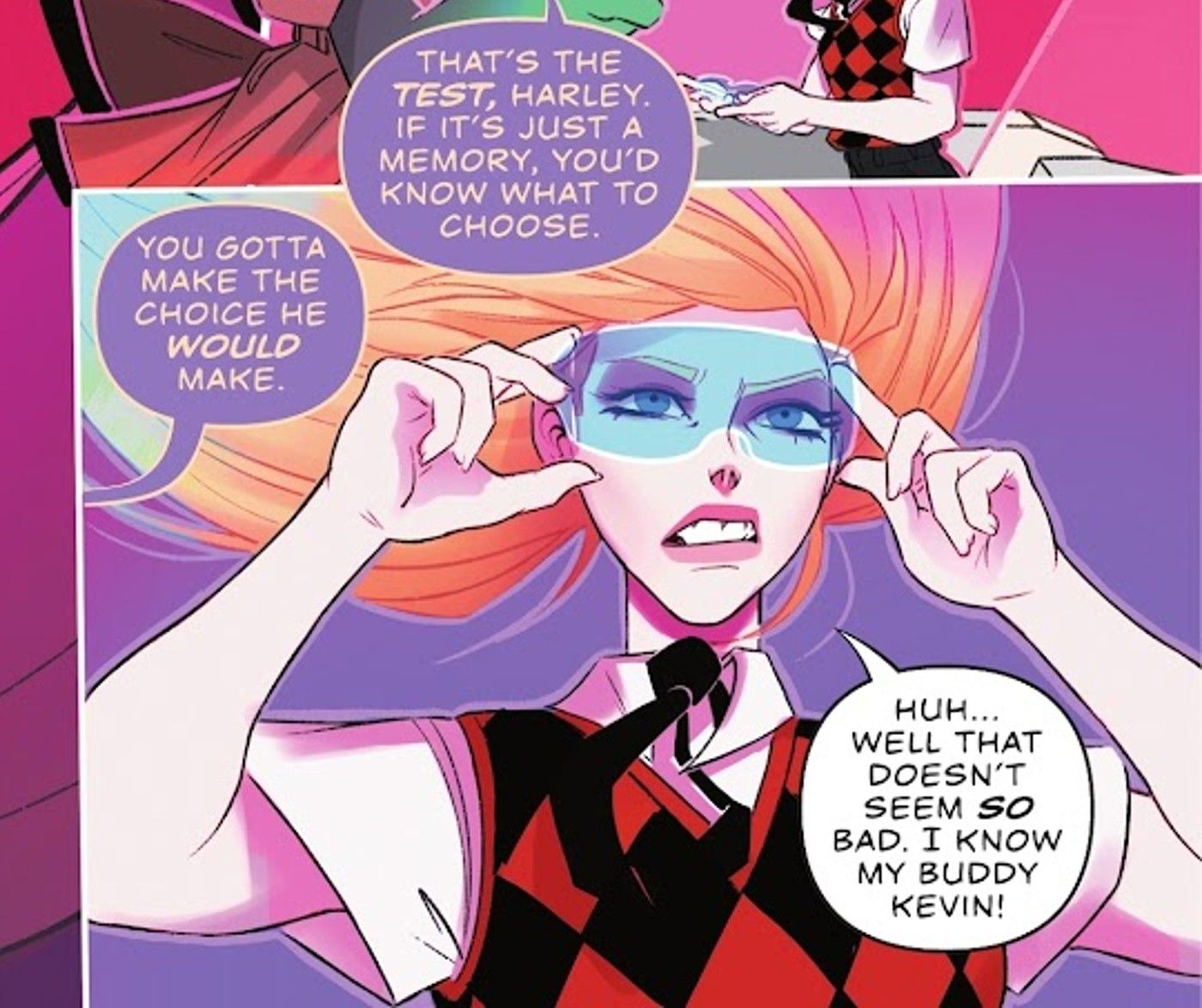 Comic book panel: Harley Quinn wears blue goggles.