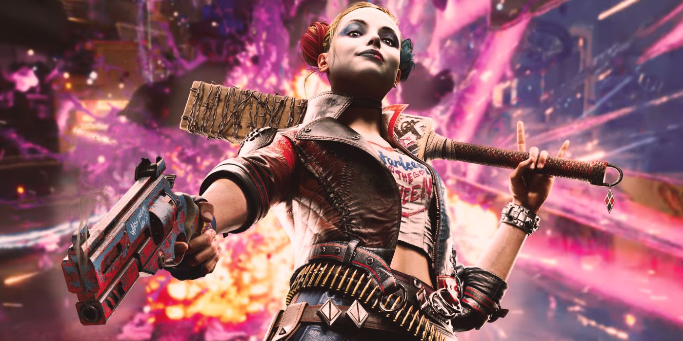 Harley Quinn poses with a baseball bat and stylized pistol in front of a gooey, pink and purple explosion.