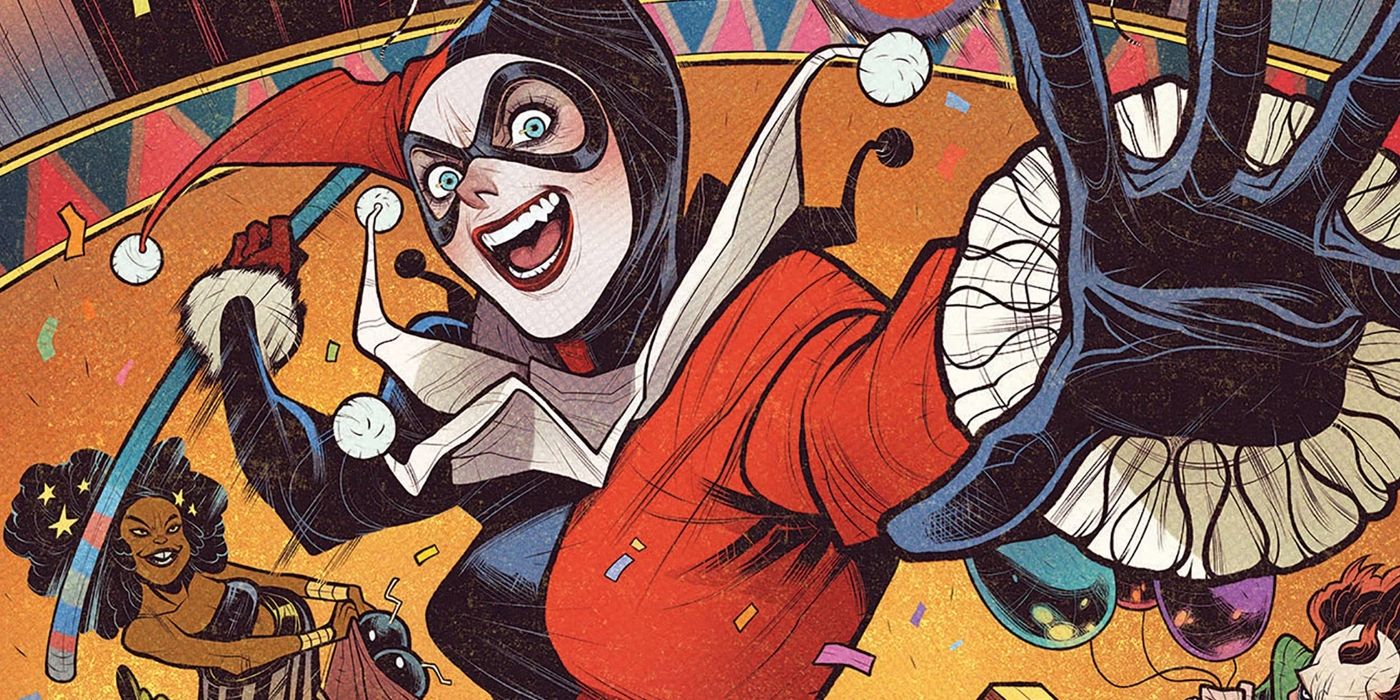 Harley Quinn in her classic jester outfit, rearing back with a baton to strike the reader