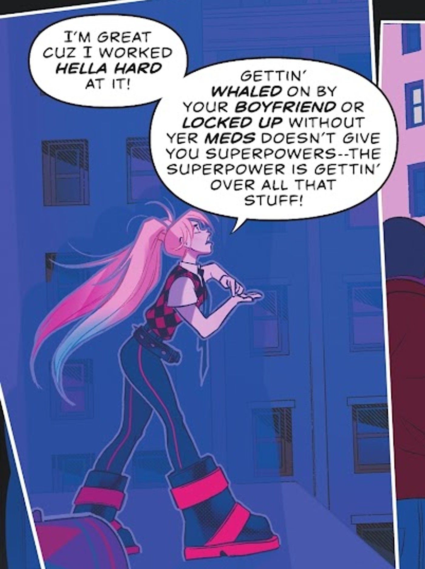 Comic book panel: Harley Quinn in casual clothes looking angry.