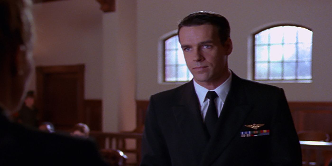 Harmon Rabb in JAG season 3 courtroom.