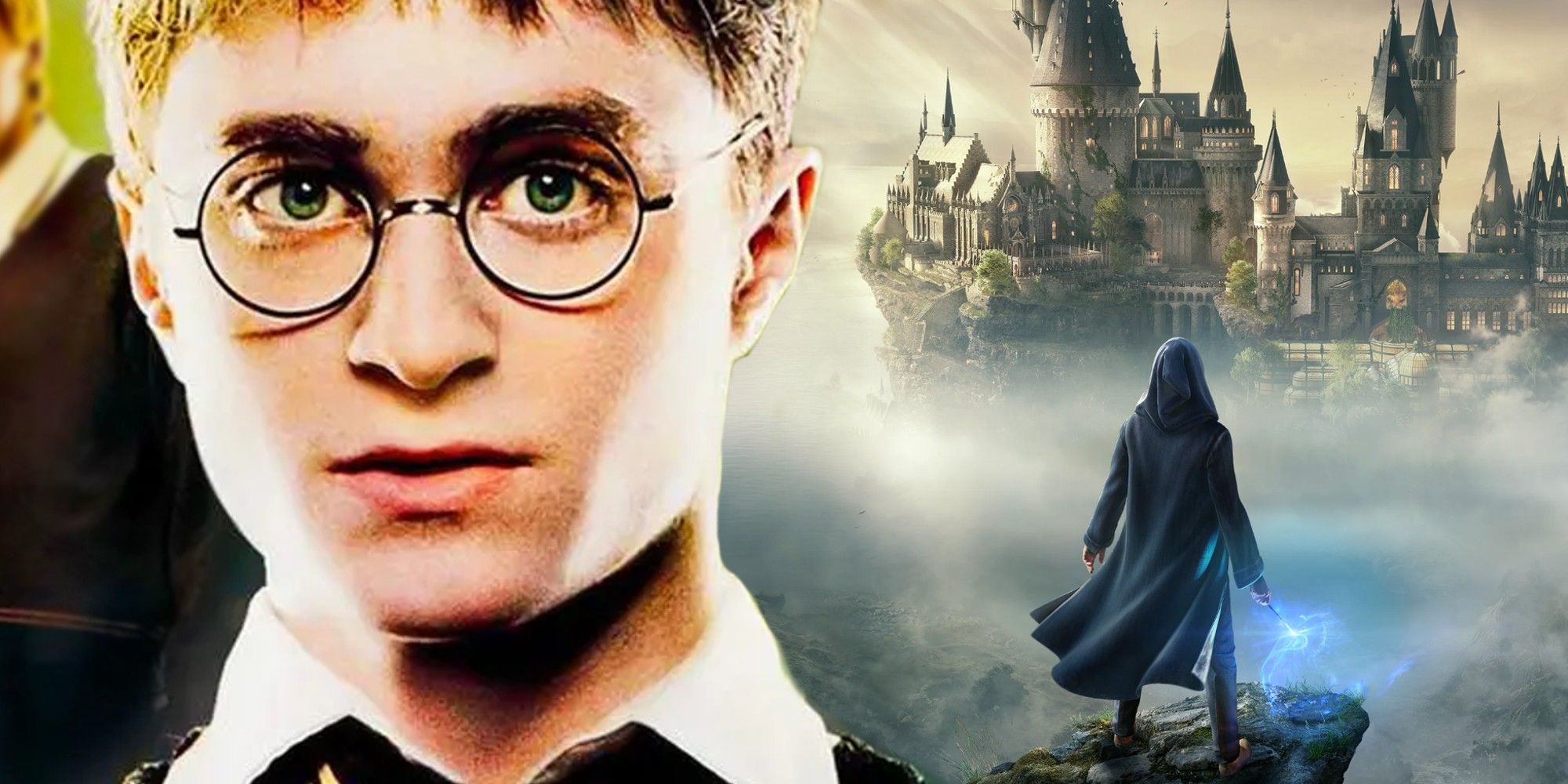 Harry Potter against the title image of Hogwarts Legacy