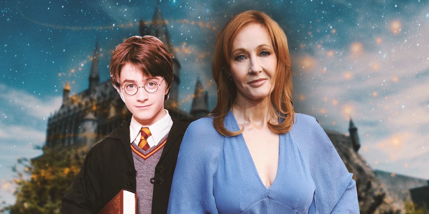 O jovem Daniel Radcliffe como Harry Potter e JK Rowling
