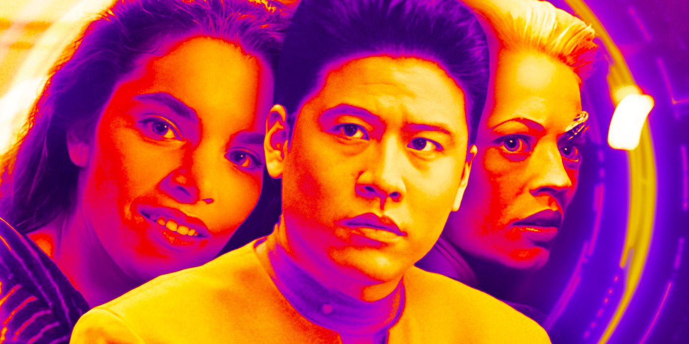 Garrett Wang&rsquo;s Harry Kim from Star Trek: Voyager looks off-screen, with his girlfriend Libby and Jeri Ryan&rsquo;s Seven of Nine in the background.