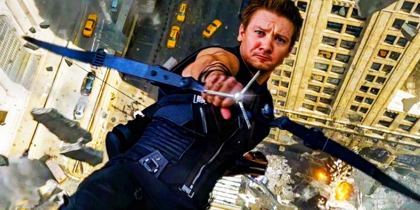 Jeremy Renner's Hawkeye jumping off a building in The Avengers