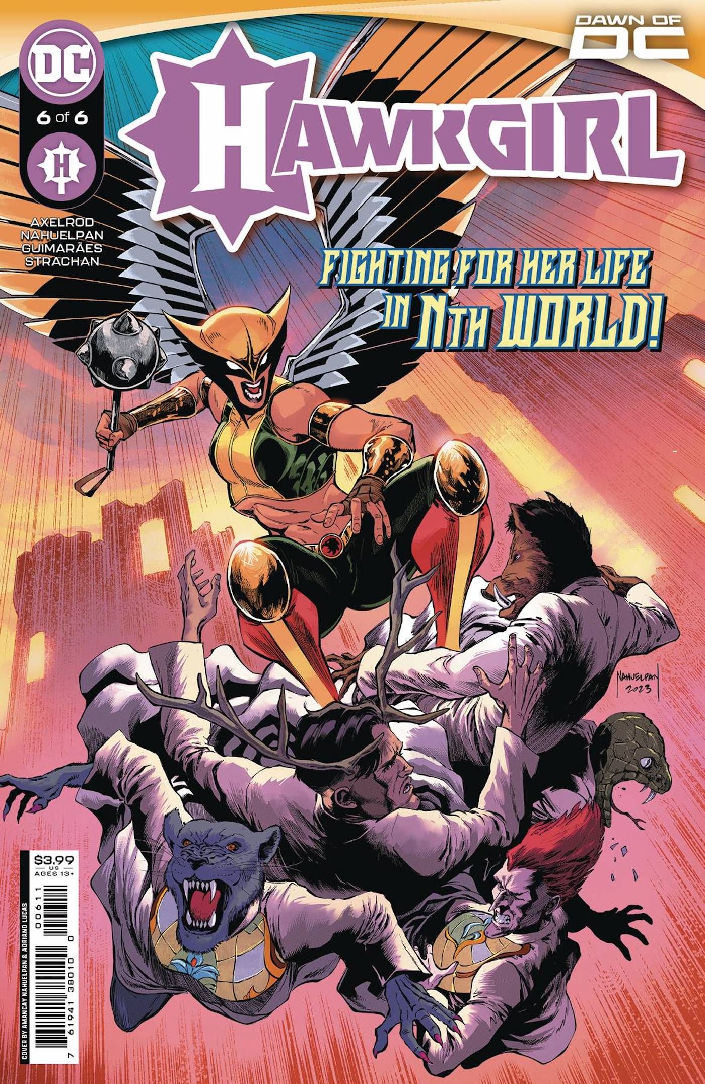 Hawkgirl 6 Main Cover: A superhero with wings fights enemies midair.