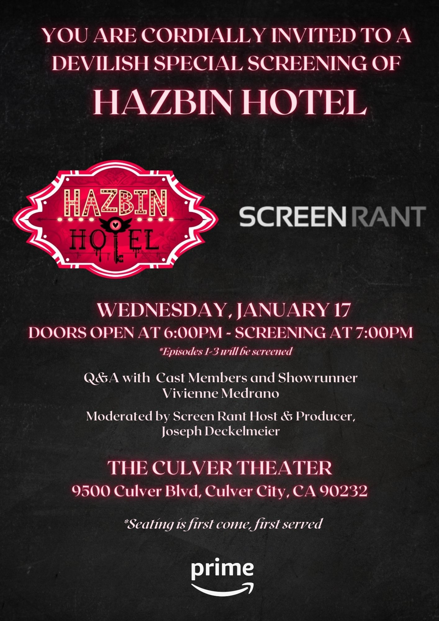 Hazbin Hotel: ganhe ingressos grátis para exibição em Los Angeles com  perguntas e respostas do Prime Video e show de animação selvagem da A24