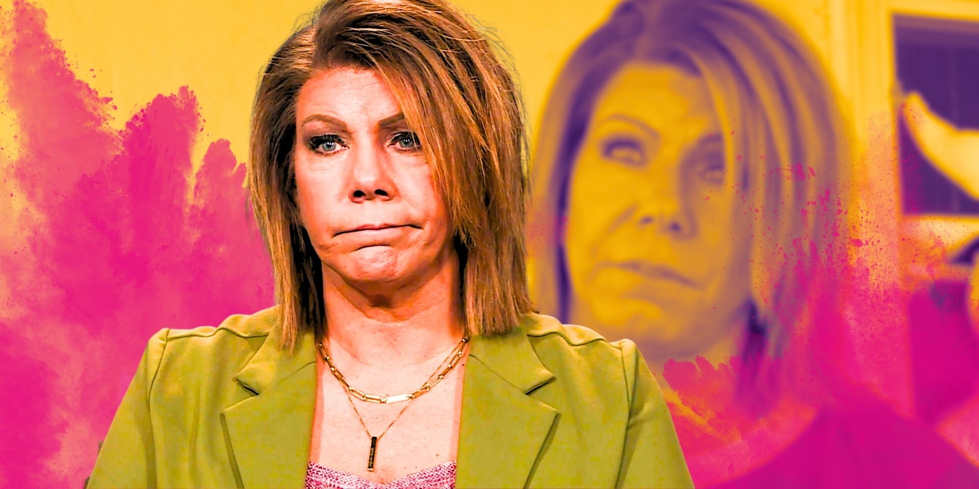 Meri brown looking mad in a montage with a pink and yellow background