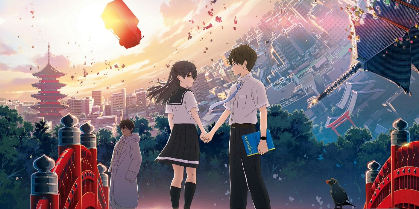 Hello World promotional image of Ruri and Naomi holding hands while the world is seemingly falling apart