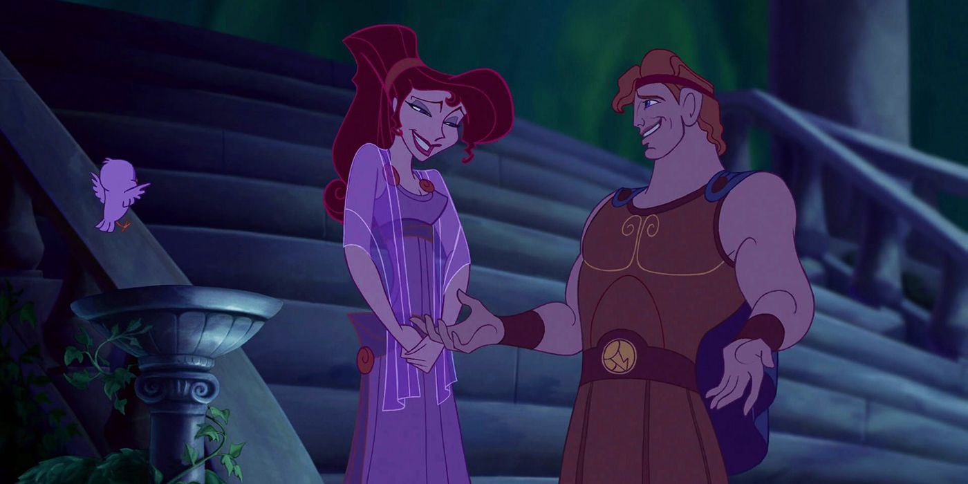 Hercules and Megara smile while talking on the steps in the 1997 Disney film