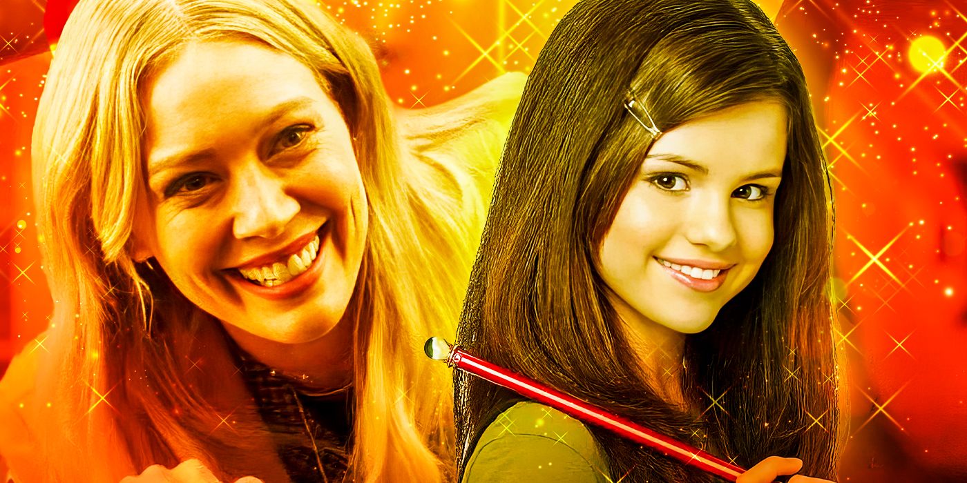 Hilary Duff as adult Lizzie McGuire and Selena Gomez as Alex Russo in Wizards of Waverly Place