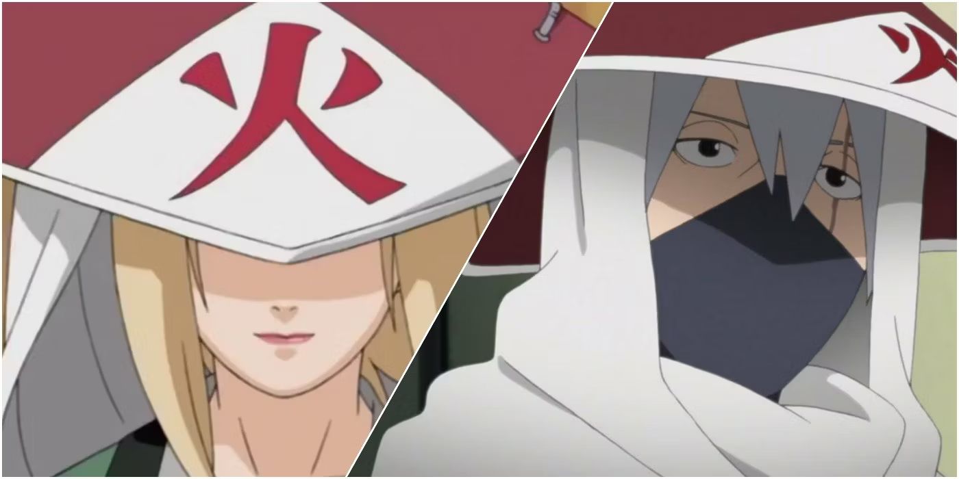 Images from Naruto and Boruto anime shows Tsunade and Kakashi wearing Hokage hats, spliced next to one another.