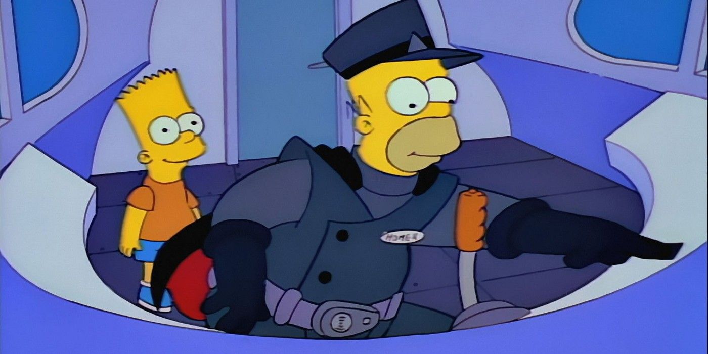 Homer controlling the monorail while Bart stands behind him in The Simpsons Marge vs the Monorail