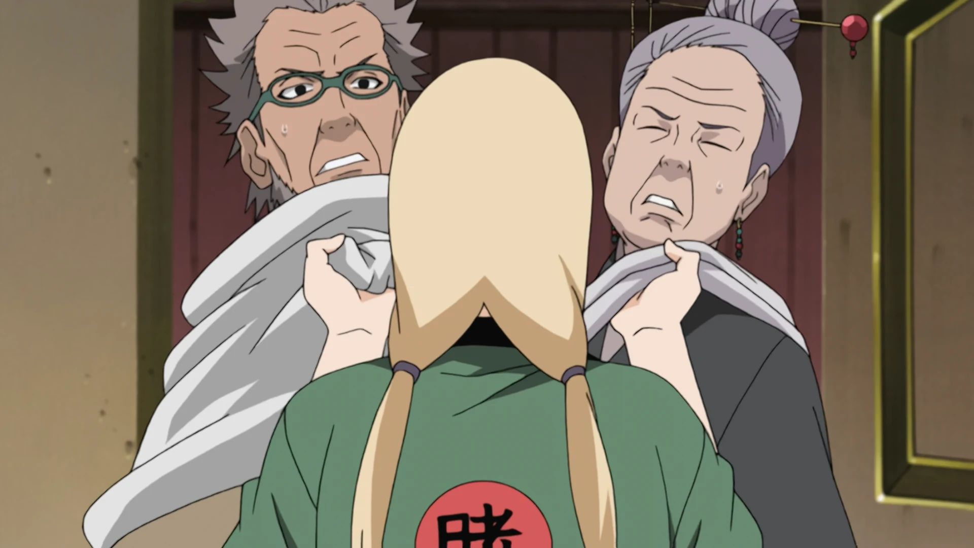 Screenshot from Naruto Shippuden anime shows Tsunade grabbing Homura and Koharu by their clothes threateningly.