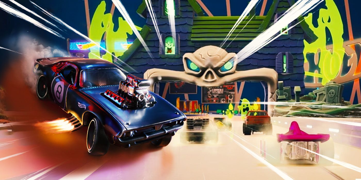 Hot Wheels Unleashed racecar lining up to spooky starting line with other vehicles