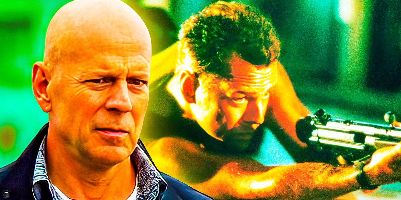 This collage shows John McClane from the first and last Die Hard movies.