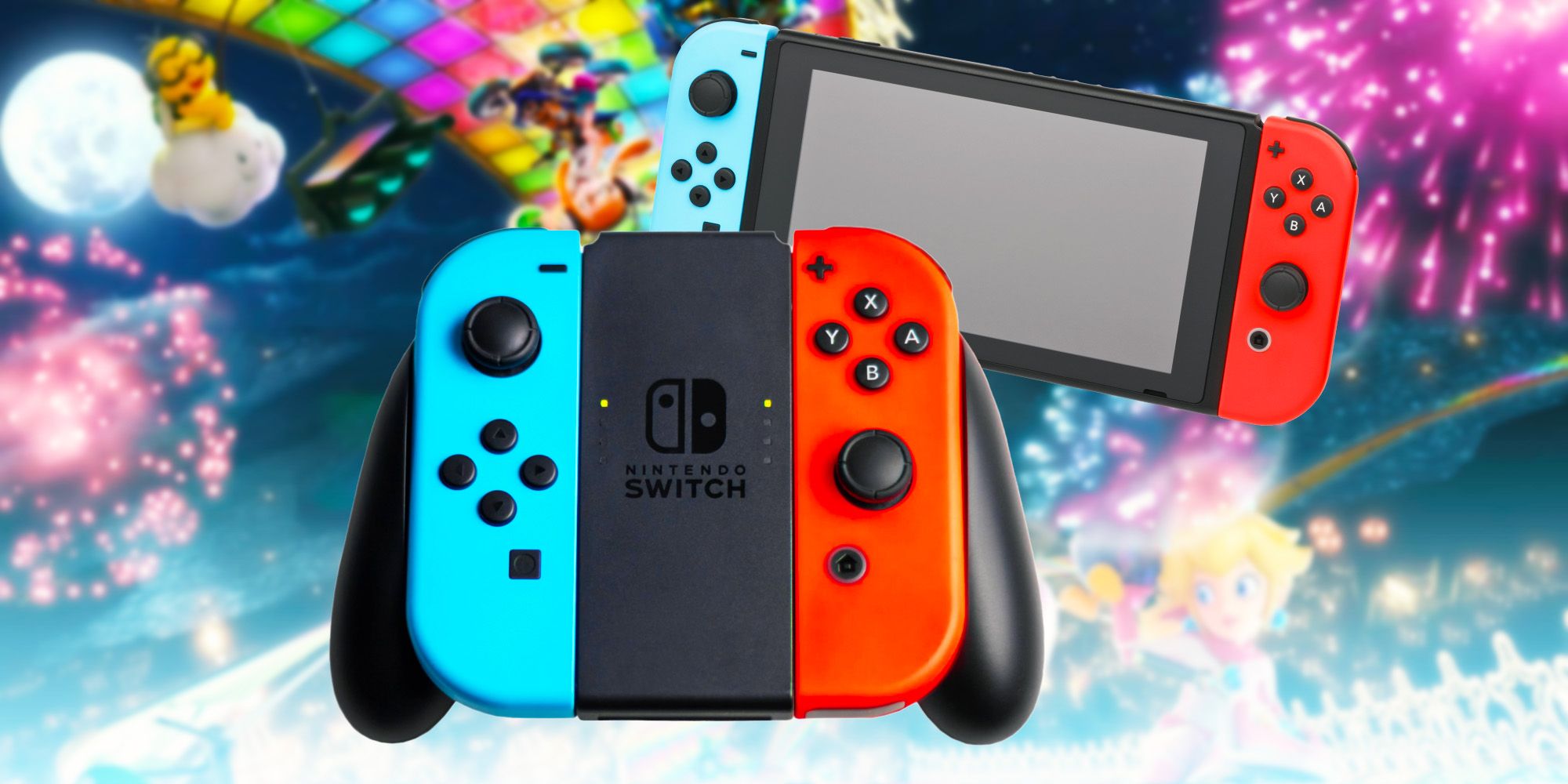 A shot of the Switch controller with Mario Kart 8 in the background