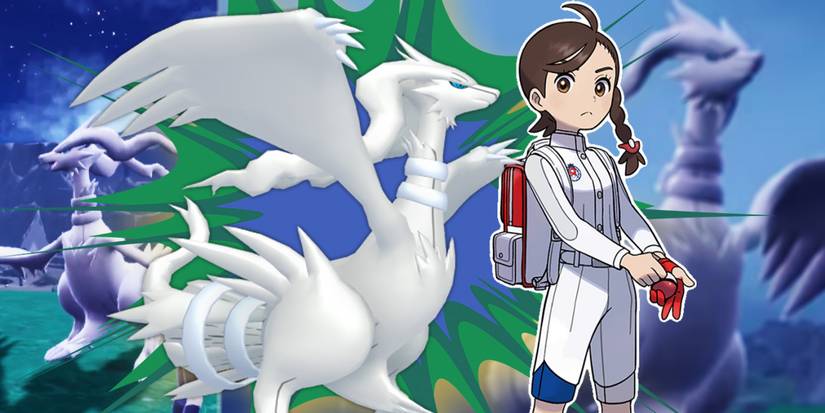 A Trainer with Reshiram in the background from Pokémon Scarlet & Violet Indigo Disk DLC.