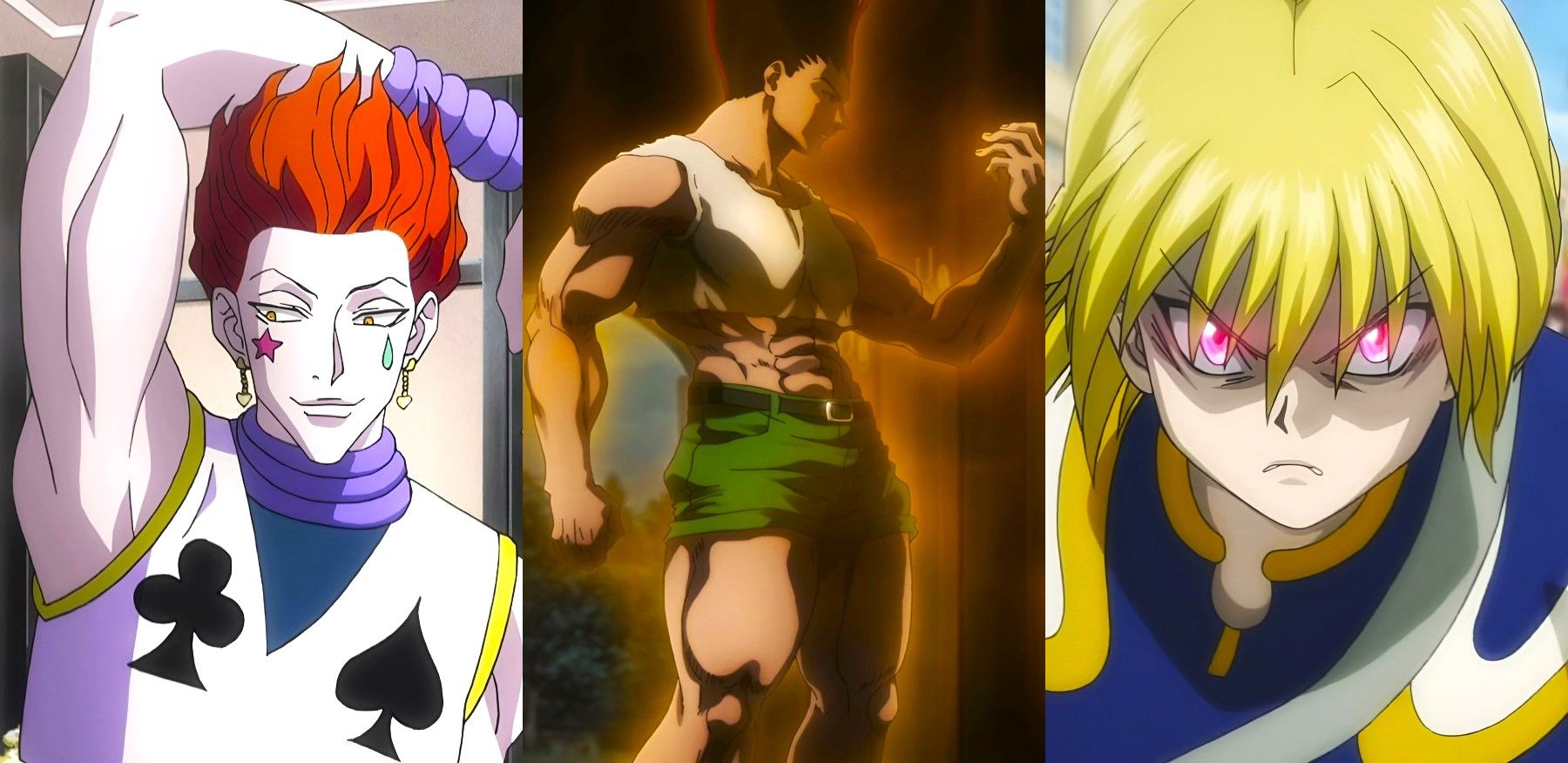 A man with red hair and clown makeup lifts his hand behind his head, a muscular man surrounded by golden aura looks at his hand, and a boy with blonde hair and glowing red eyes gets ready to attack.