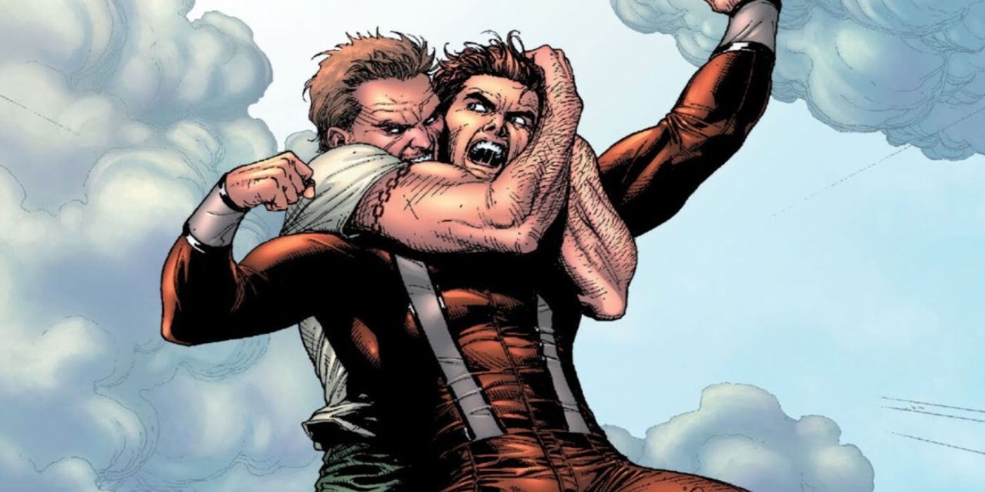 Hyperion strangling Redstone in an Ultimate Power comic panel
