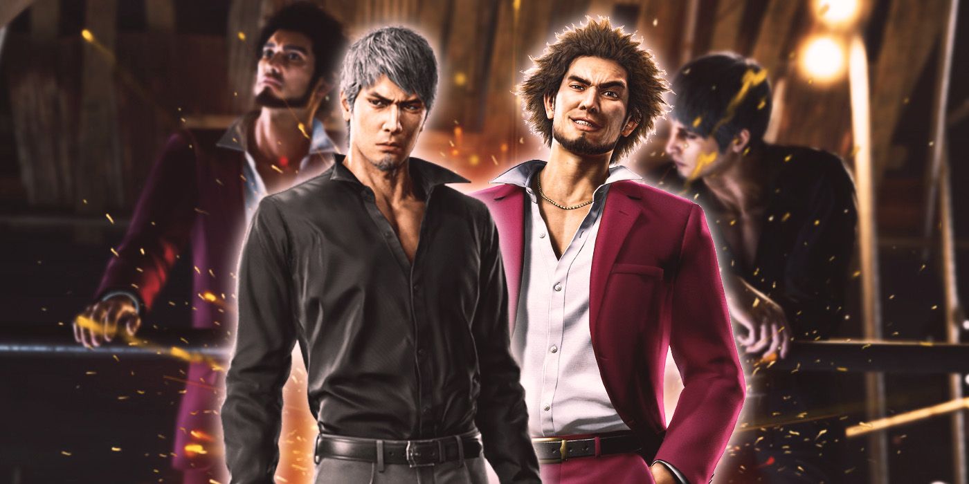 Kiryu raises an eyebrow and Ichiban smiles in screenshots from Like a Dragon.