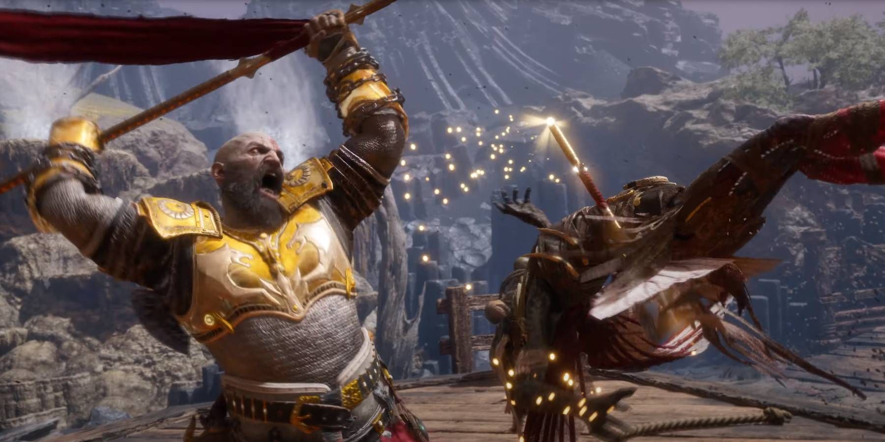 God of War Ragnarok Valhalla Kratos About to Impale Enemy with Draupnir Spear Weapon