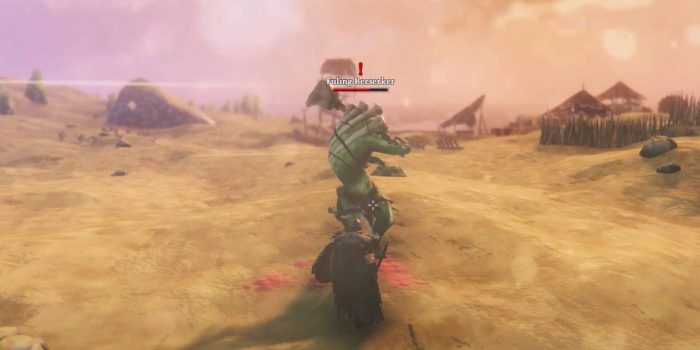 Valheim Player attacking a powerful Fuling Berserker enemy to Farm Black Metal Scrap
