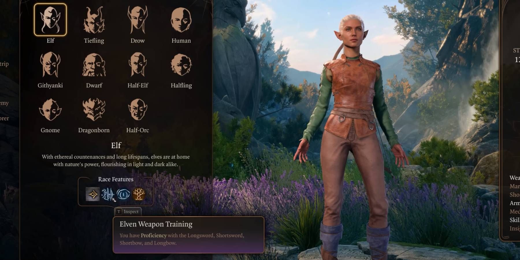 Opção racial de elfo do Baldur's Gate 3 com recurso de treinamento de armas élficas exibido com personagem Tav personalizado